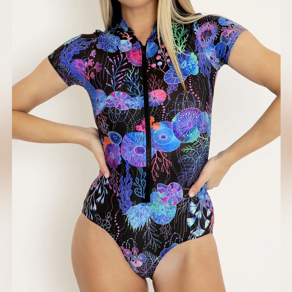 Blackmilk Floral Coral Short Sleeve Reef Swimsuit with Zipper BRAND NEW